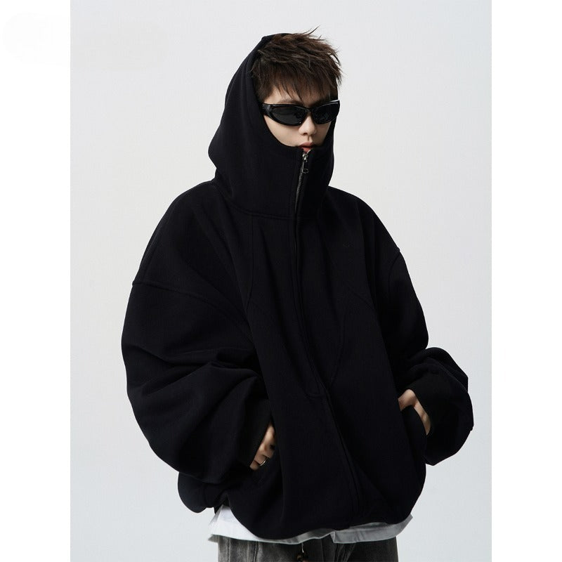 Men's Loose Design Stitching Zip-up Hooded Sweater