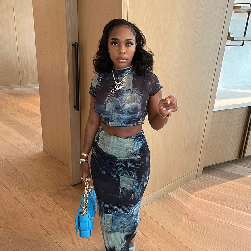 Round Neck Crop Top High Waist Hip Skirt Set