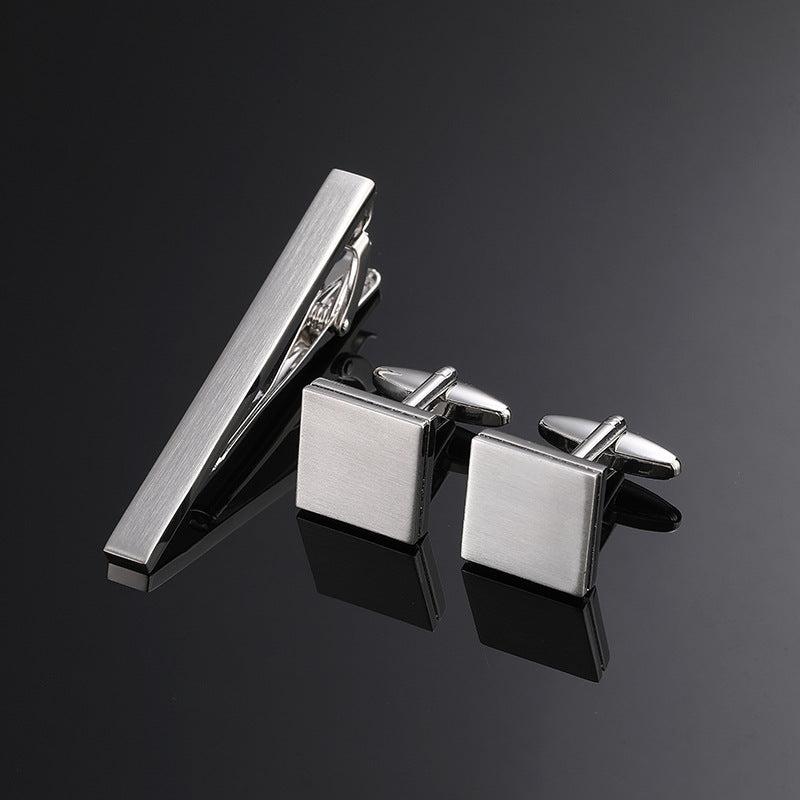Gold Silver Black Square Brushed Tie Clip And Cufflinks