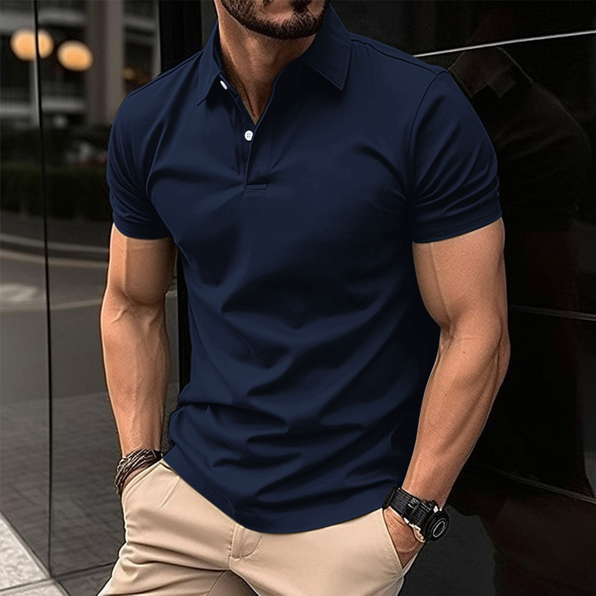 Short Sleeve Polo Shirt Men Solid Color Button Lapel Button Top