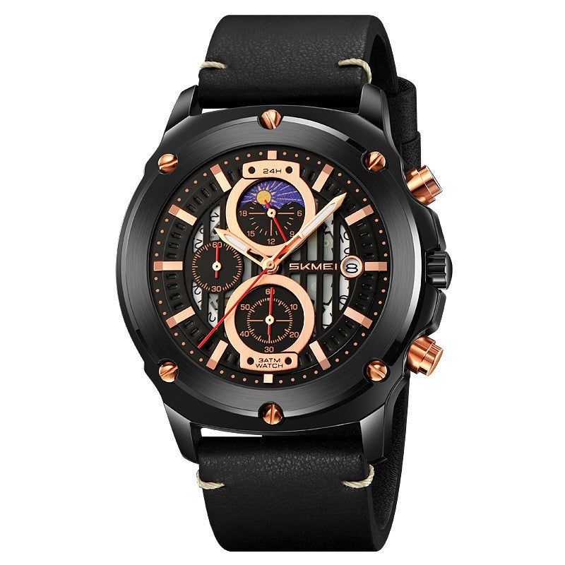 Men's Fashion Trend Leather-belt Three Eyes And Six Needles Quartz Watch