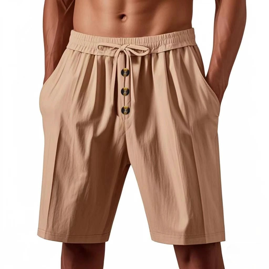 Men's Loose Linen Casual Button Cropped Shorts by GJG Denim