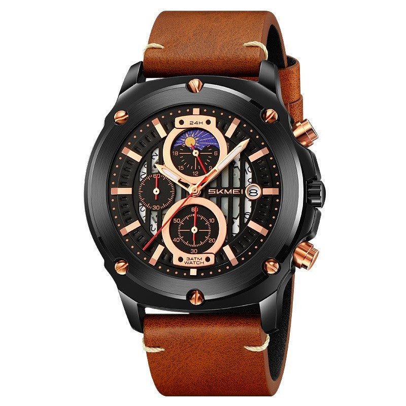 Men's Fashion Trend Leather-belt Three Eyes And Six Needles Quartz Watch