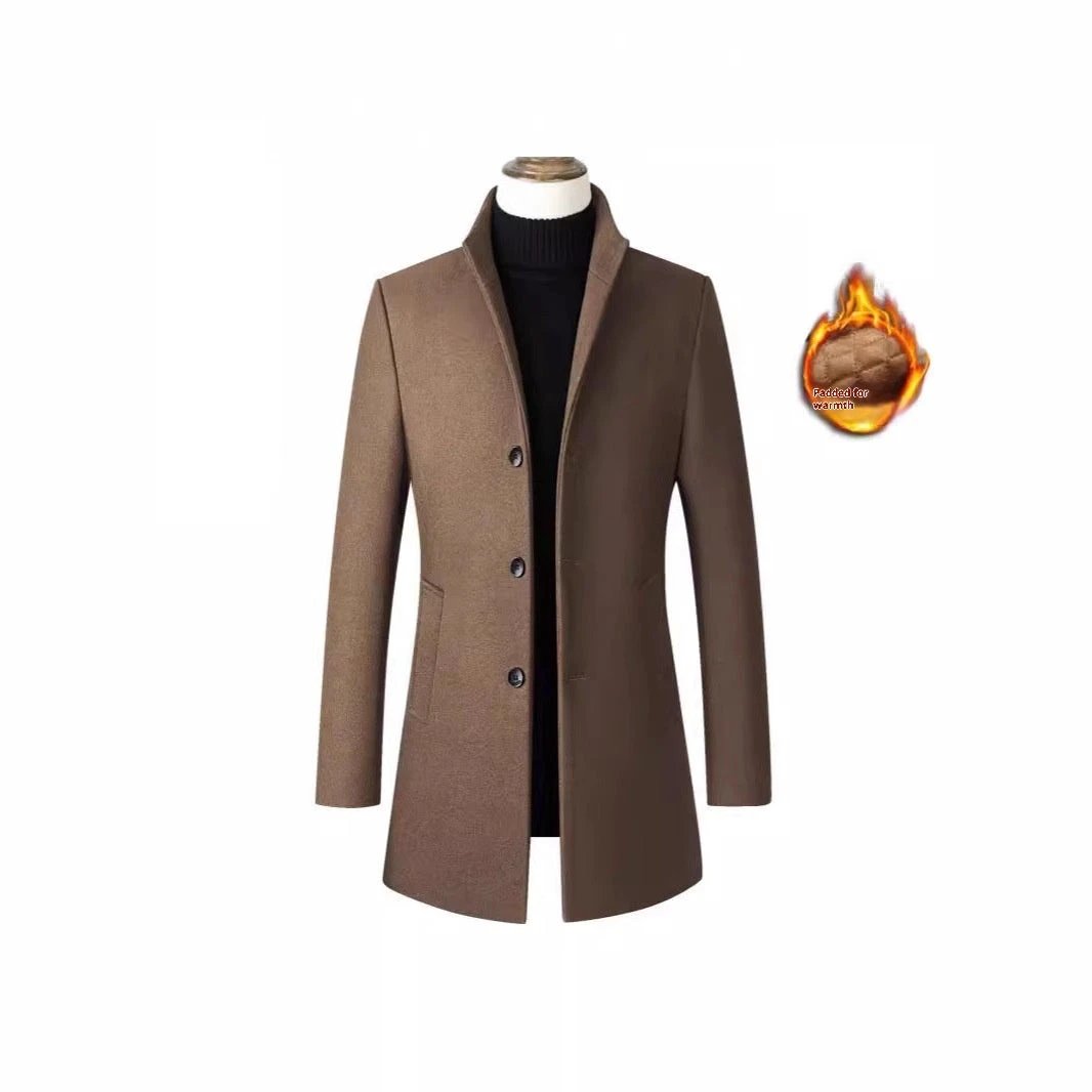 Single-breasted Stand Collar Cotton Padded Men's Woolen Trench Coat by GJG Denim