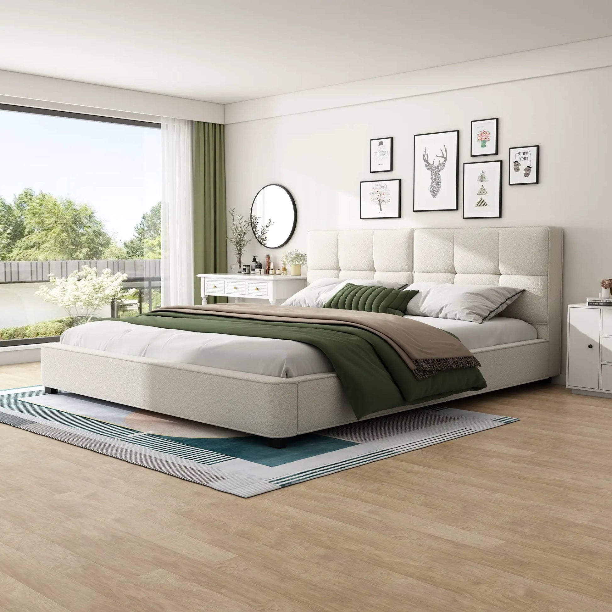 King Size Boucle Bed Frames, Upholstered Platform Bed With Curved Tufted Headboard, Soft Square Corners, Beige by GJG Denim