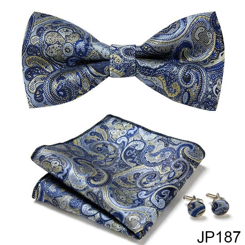 Men's Formal Bow Tie Handkerchief and Cuff links Set