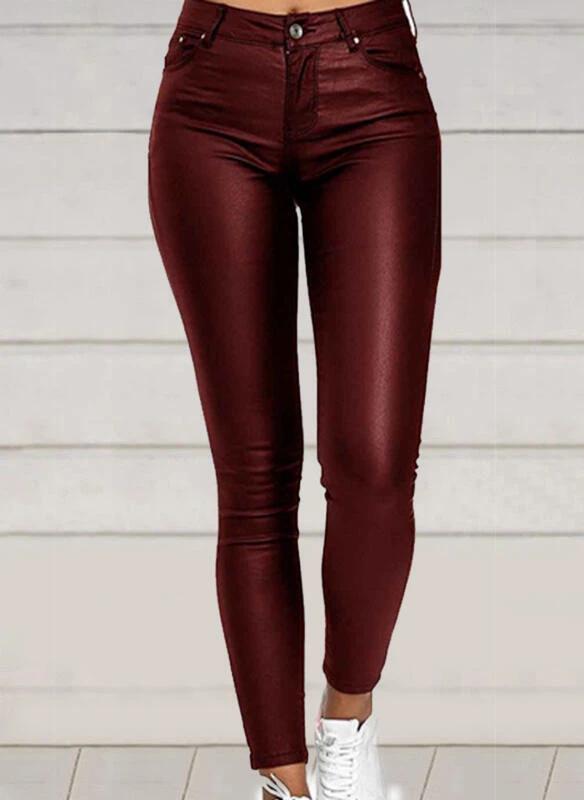 Pure Color PU Leather Pants Casual Feet Pants Women by GJG Denim