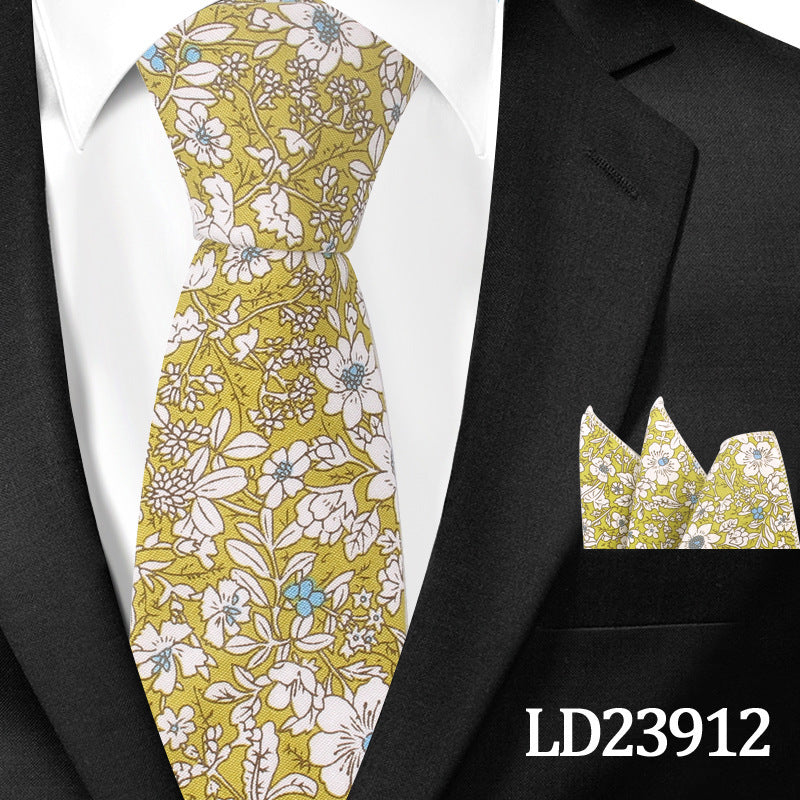 Men's Casual Cotton Floral Print 6cm Tie and Pocket Square