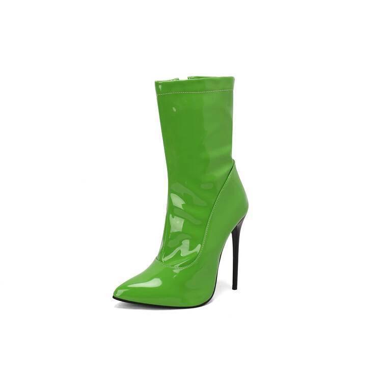 Patent Leather Short Boots Women's High Heel Stiletto Heel Pointed-toe Side Zip by GJG Denim