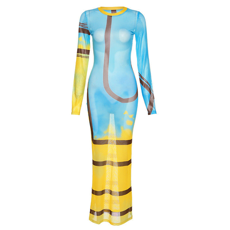 Mesh Stripe Print Perspective Slim Fit Wrap Hip Dress
