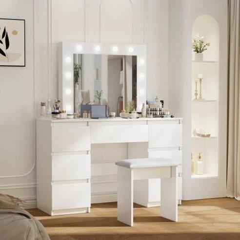 Large White Vanity Table With Mirror And Light by GJG Denim