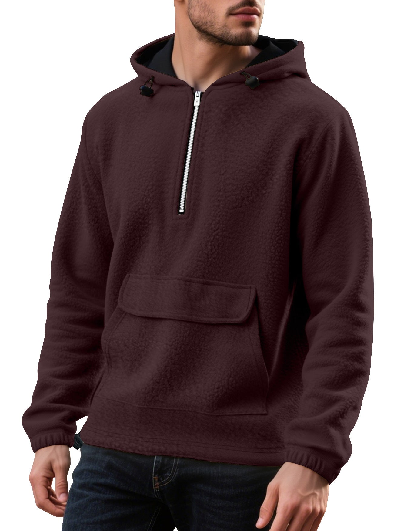 Men's Padded Fleece Solid Color Half Zip Hooded Pullover Sweater