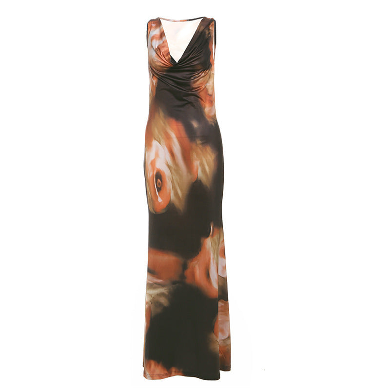 Retro Swing Collar Printing Color Contrast High Waist Long Dress