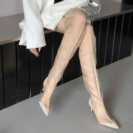 Fashion Pointed Transparent Mesh High Leg Boot Back Zipper Breathable Stiletto Heel Sandal Boots