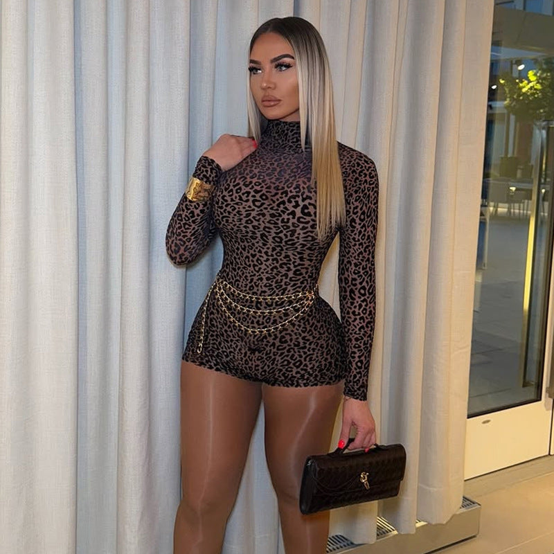Half Turtleneck Leopard Print Slim Fit Slimming romper Women