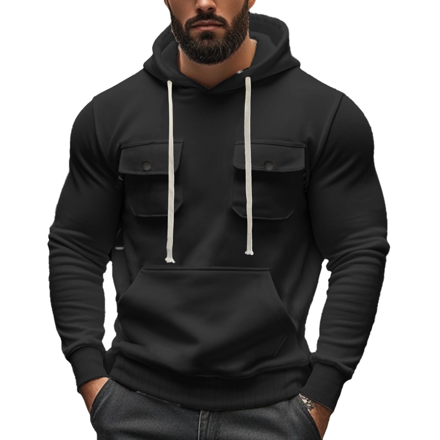 Men's  Multi-pocket Long Sleeve Solid Color Hoodies
