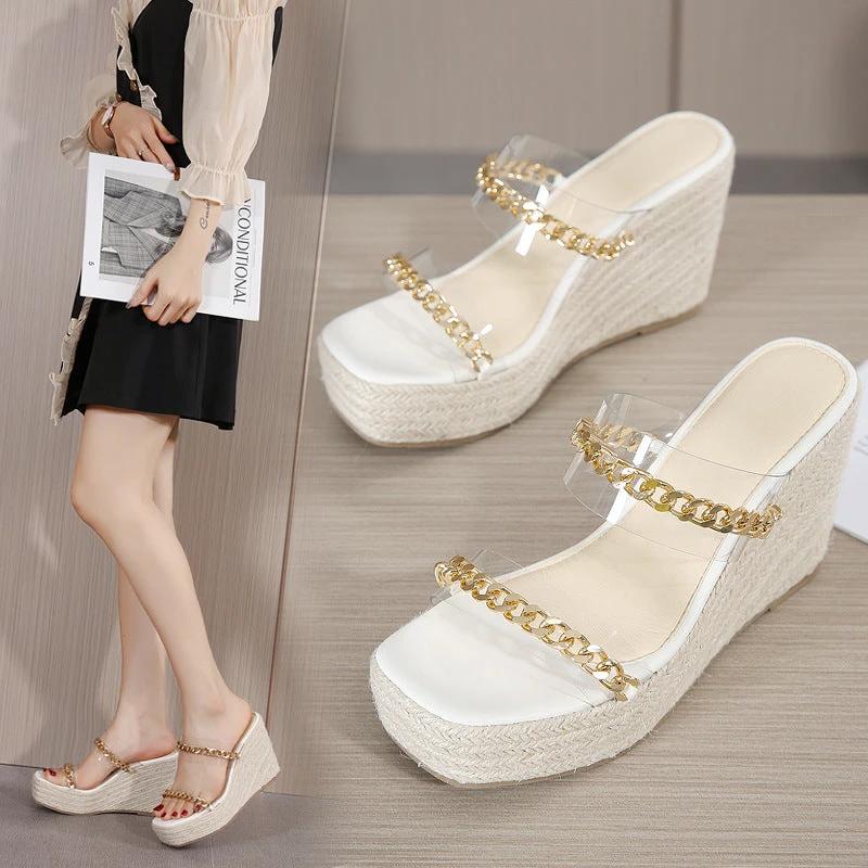 Square Toe Sandals, Wedge Heel, Transparent Film, Metal Chain Sandals by GJG Denim