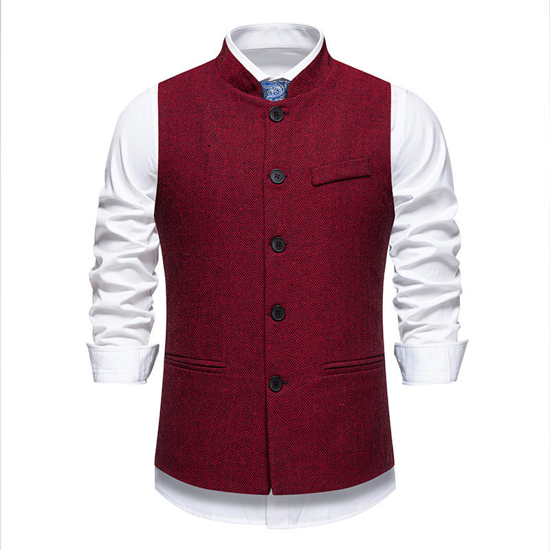 Men's Retro Stand Collar Herringbone Solid Color Suit Vest