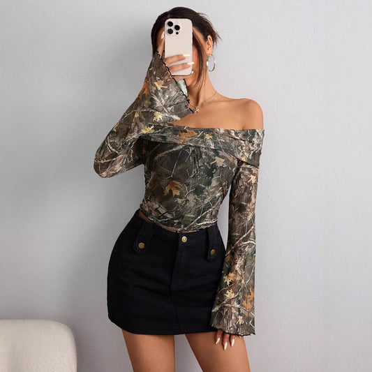 Mesh Printed Off-shoulder Long Sleeved Fitted T-shirt Top