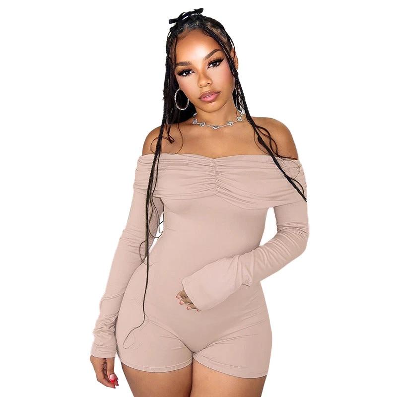 Women's Off-shoulder Pleating Long Sleeve High Waist One-piece Shorts by GJG Denim
