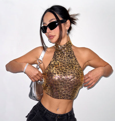 Leopard Print Vest Halter Sequin Sling Women