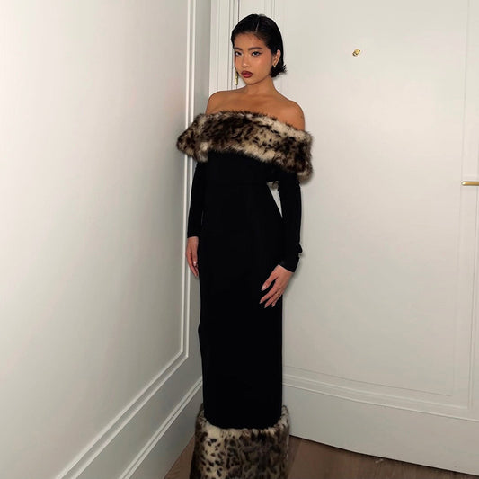 Atmospheric Leopard Print Fur Stitching Off-shoulder Dress
