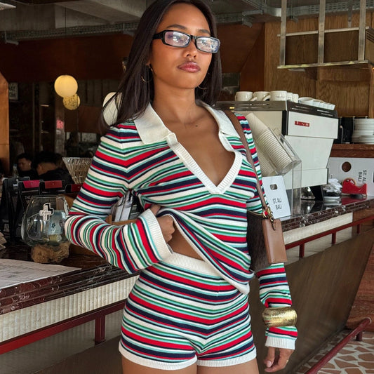 Womens Stylish Casual Striped Color-Block Long-Sleeve Top And Shorts Set by GJG Denim