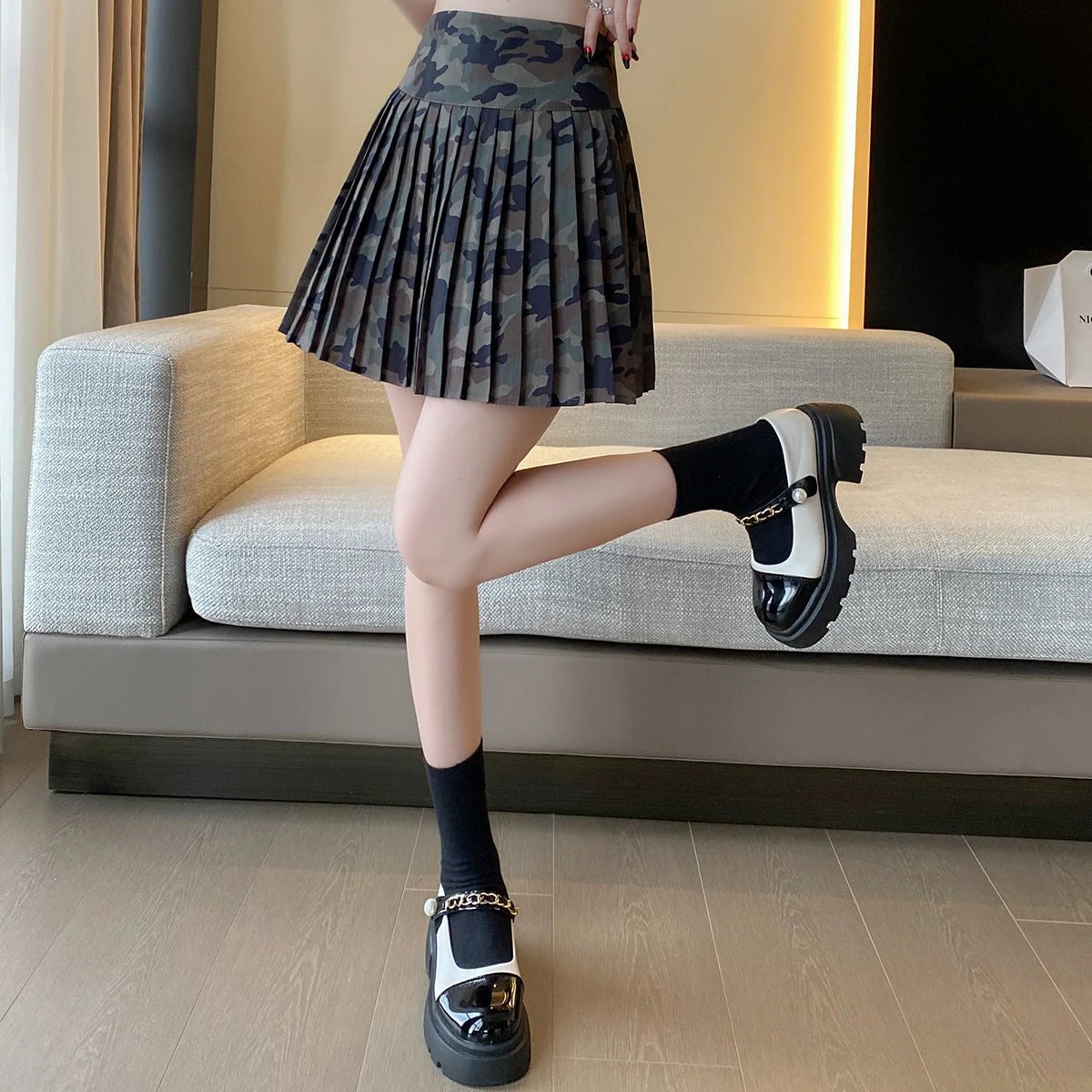 Camouflage All-Match Mid-Rise Pleated A-Line Skirt by GJG Denim