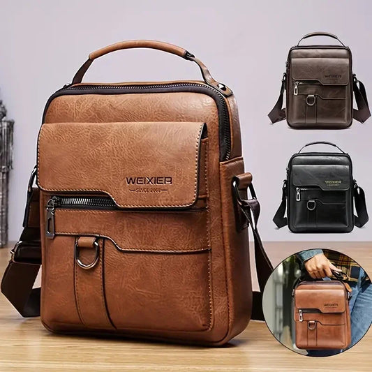 Men's Messenger Bag One Shoulder Retro Business Backpack PU Leather Flaps Crossbody