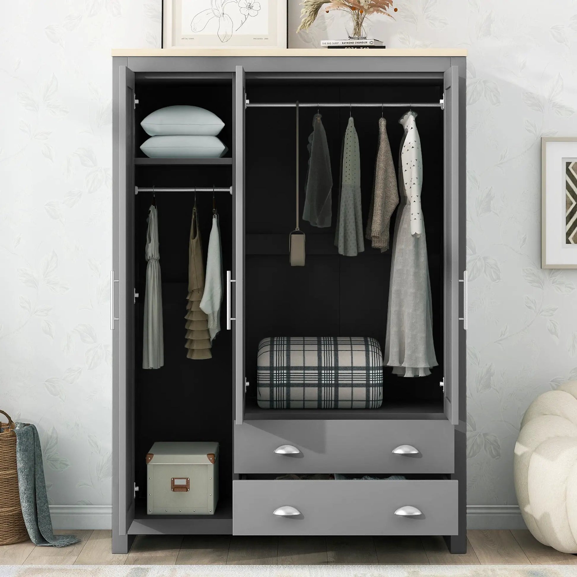 Three Door Storage Wardrobe With Cabinets And Two Hanging Rods,Gray by GJG Denim