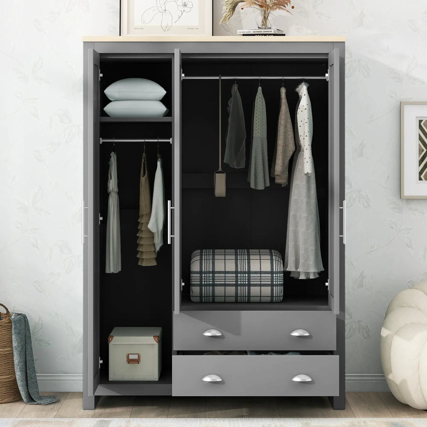 Three Door Storage Wardrobe With Cabinets And Two Hanging Rods,Gray by GJG Denim