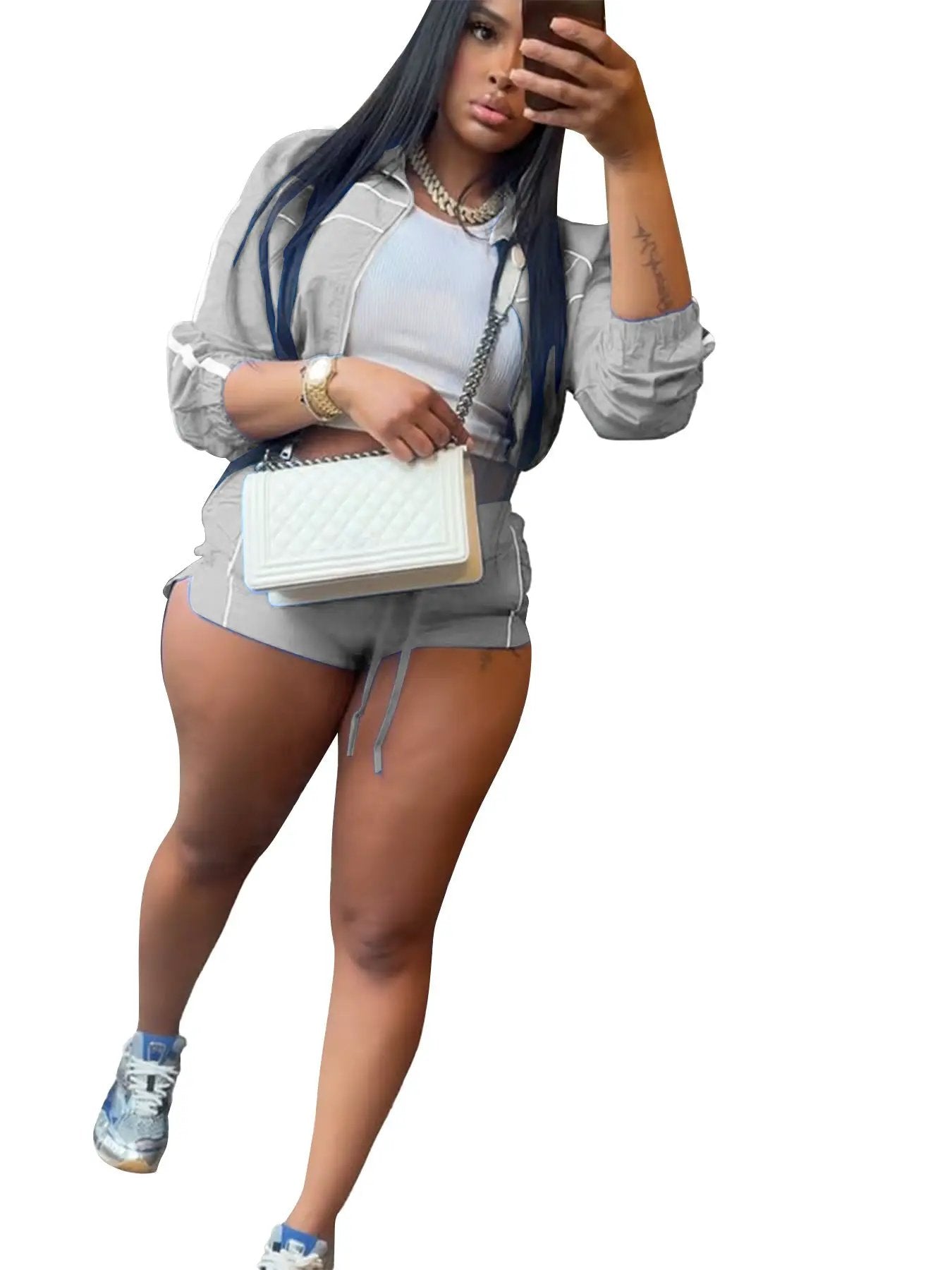 Zippered Contrast-Color Webbing Shorts Womens Two-Piece Set by GJG Denim