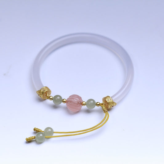 Natural White Agate Half Bracelet With South Red Lotus Beads Accessories S925 Silver