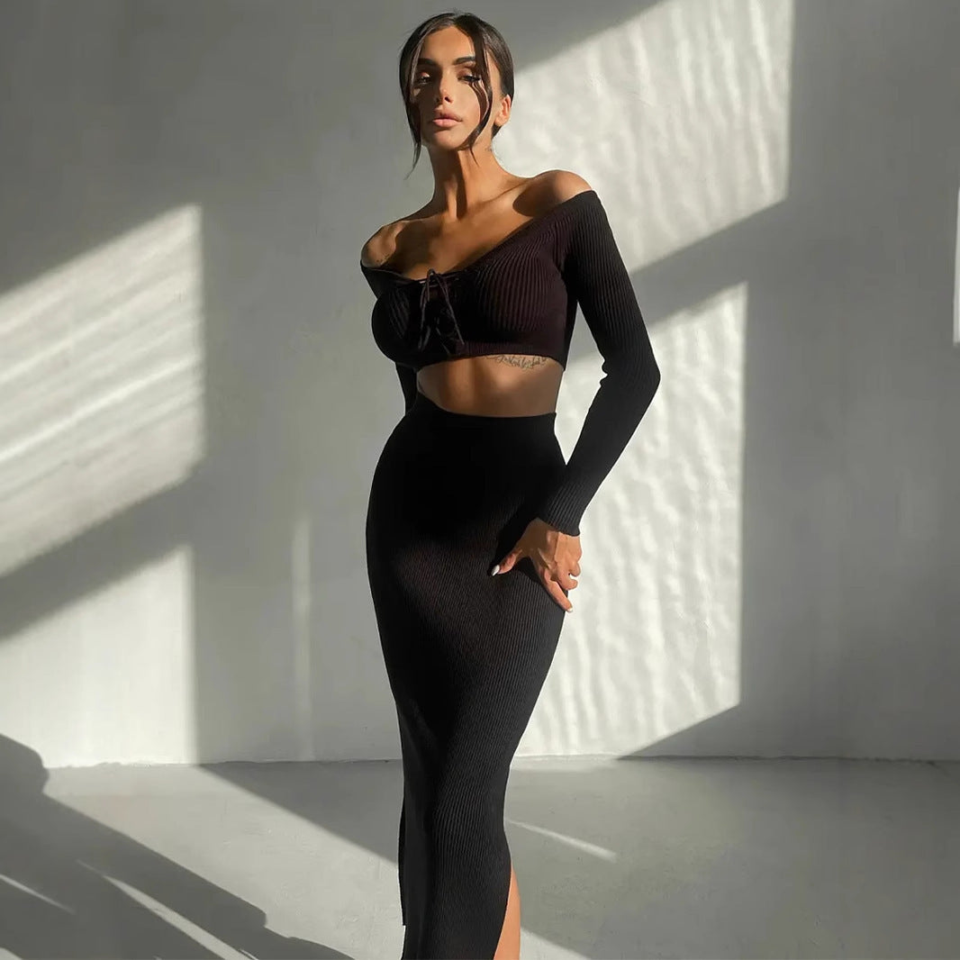Autumn Winter Sexy Long Sleeve Sweater Dress Two-piece Set Skinny Knit