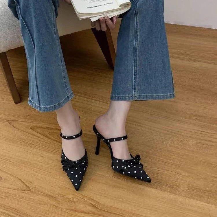 2026 Summer New Women's Polka Dot Pointed Toe High Heels, Bow Backless Mule Sandals, Slim Heel Closed Toe Slide Sandals For Women by GJG Denim