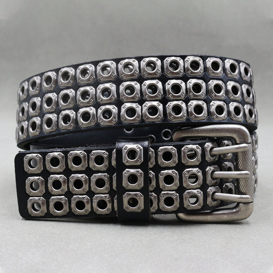 Men's Punk Eyelet Hollow-out Rivets Real Cowhide Belt