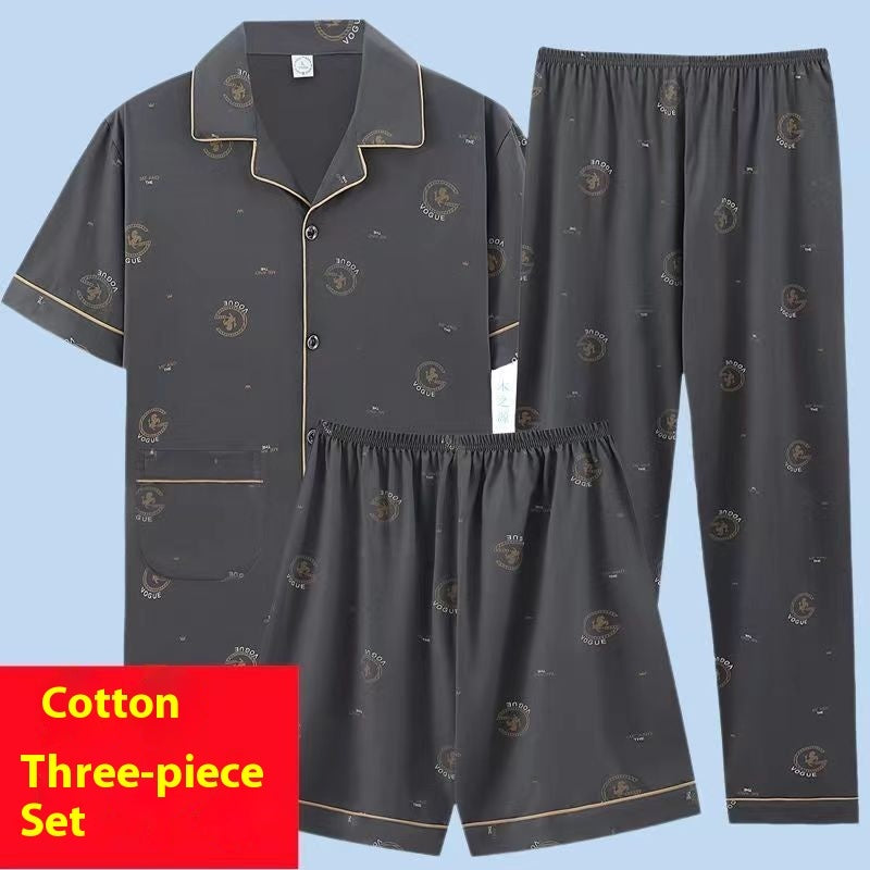 Men's Pajamas Cotton Short Sleeve Trousers Three-piece Set