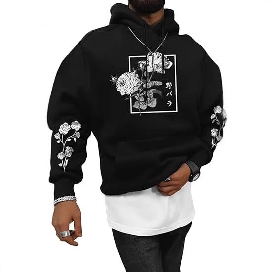 Men's Rose Print Casual Hooded Sweater