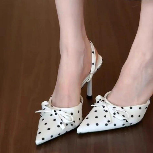 2026 Summer New Women's Polka Dot Pointed Toe High Heels, Bow Backless Mule Sandals, Slim Heel Closed Toe Slide Sandals For Women by GJG Denim
