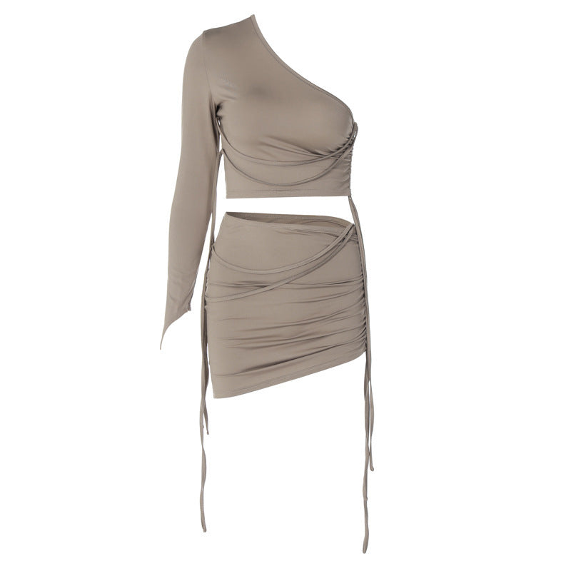 One Shoulder Midriff-baring Top Side Drawstring Skirt Set