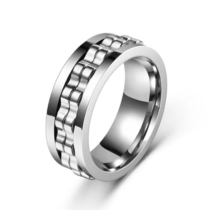 Men's Titanium Spinner Square Texture Polished Stainless Steel Gear Rotating Anxiety Fidget Rings