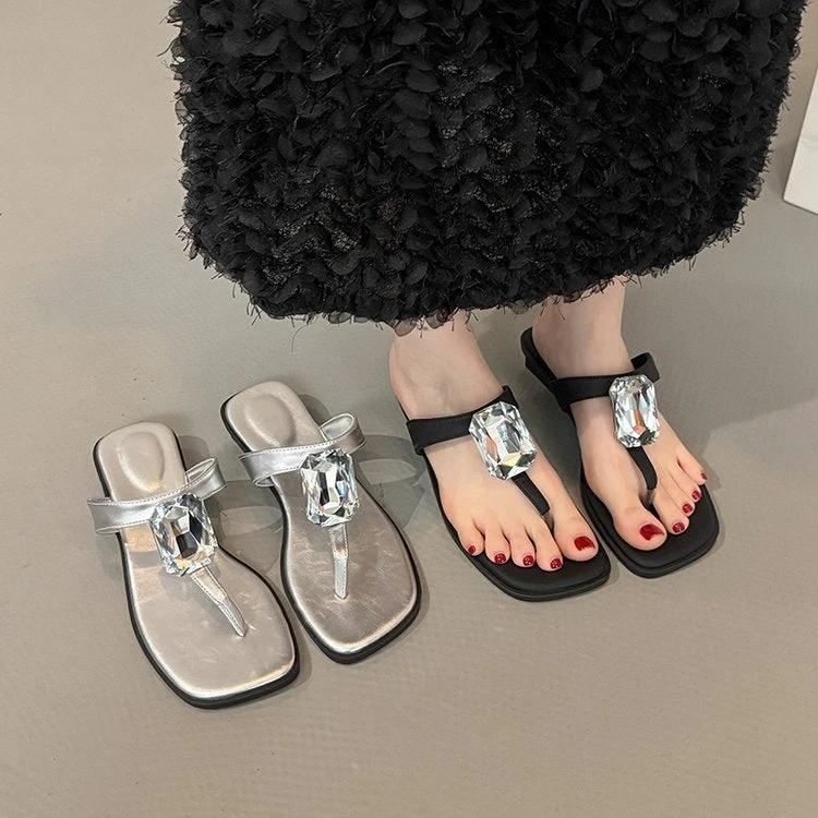 Oversized Crystal, Square Toe, Thong Sandals, French Glam, Low Block Heel, Slides by GJG Denim