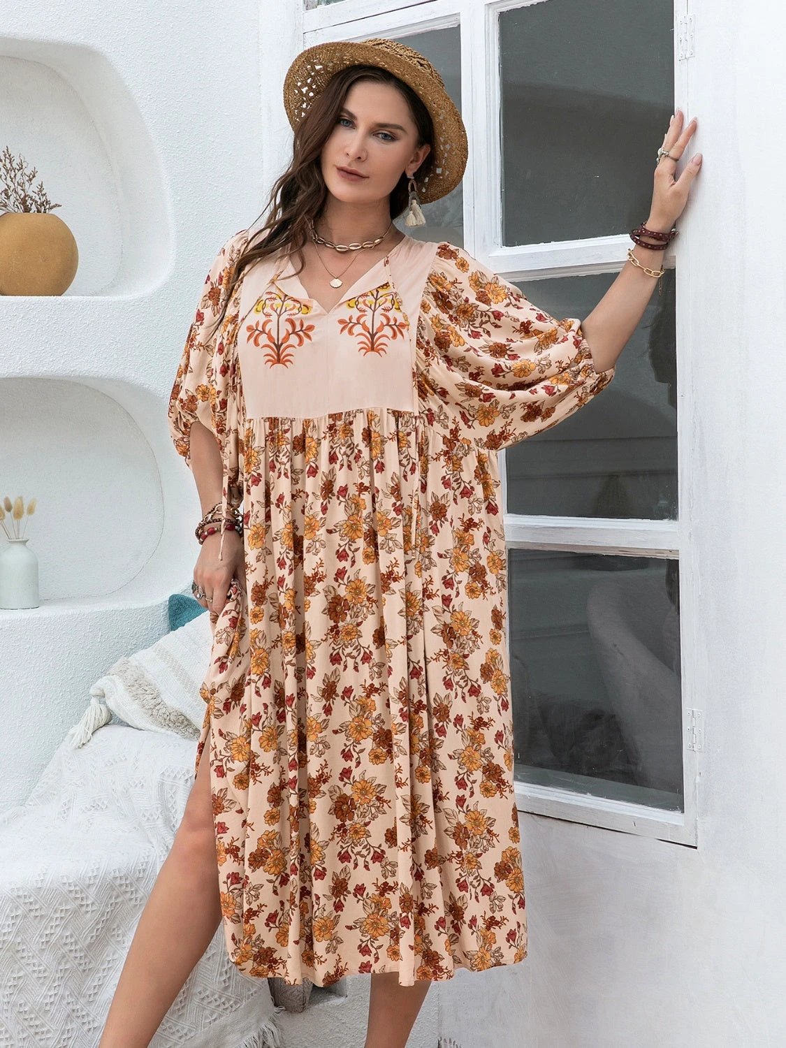 Back-to-School Plus Size Printed Tie-Neck Midi Dress by Lady Ros
