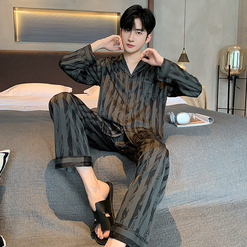 Men's Silk Pajamas V-neck Long Sleeve Two-piece Set