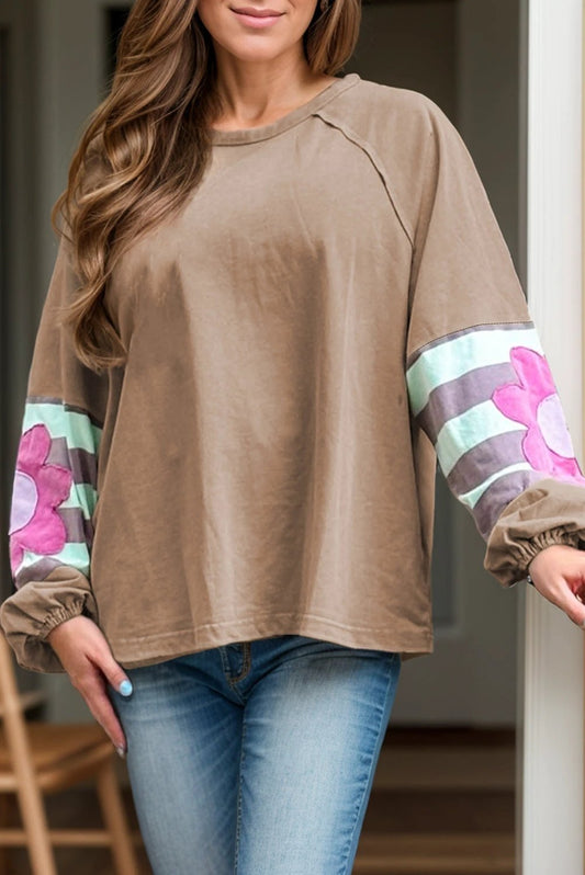 Plus Size Flower Round Neck Long Sleeve Blouse by Lady Ros