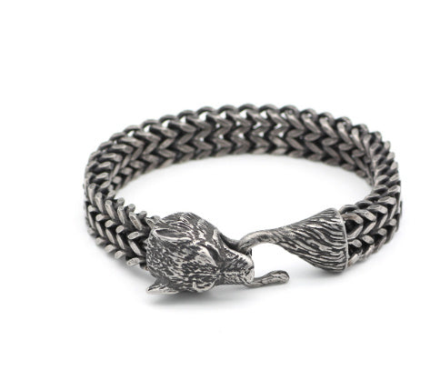 Men's Stainless Steel Vintage Black Wolf Head Cuban Chain Bracelet