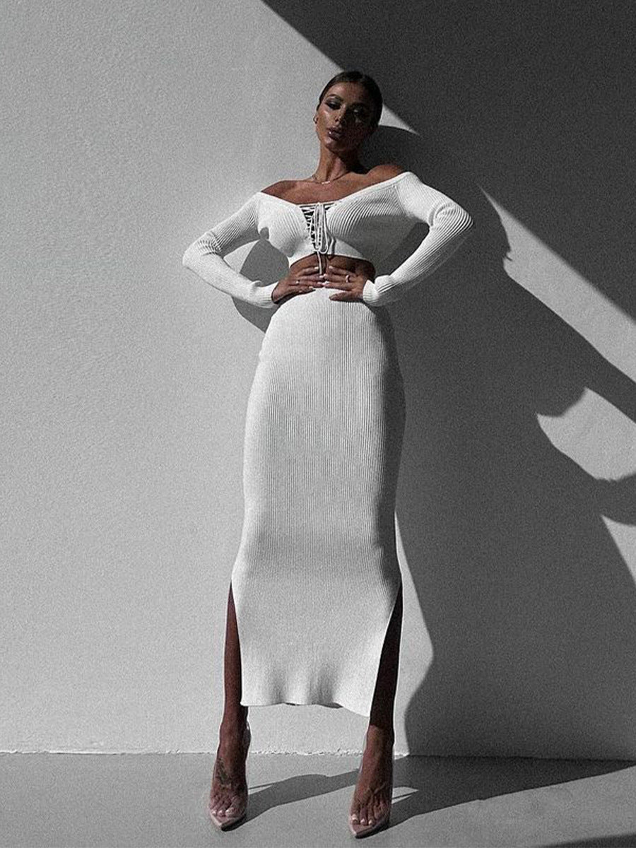 Autumn Winter Sexy Long Sleeve Sweater Dress Two-piece Set Skinny Knit
