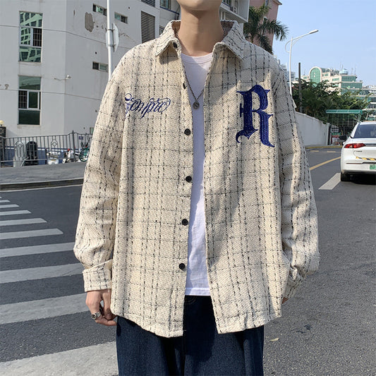 Men's Letter Embroidery Plaid Long Sleeve Shirts