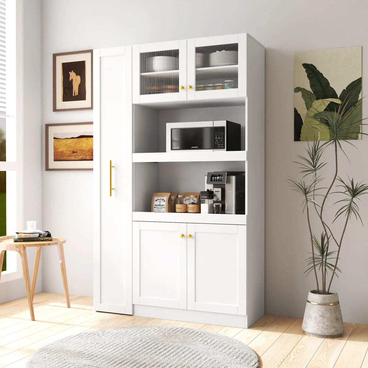 Kitchen Pantry Cabinet With Multi-functional Pull-out Multi-tier Storage Shelf,Farmhouse Storage Cabinet With 4 Doors,Pantry Organizers For Kitchen,Dining Room White by GJG Denim