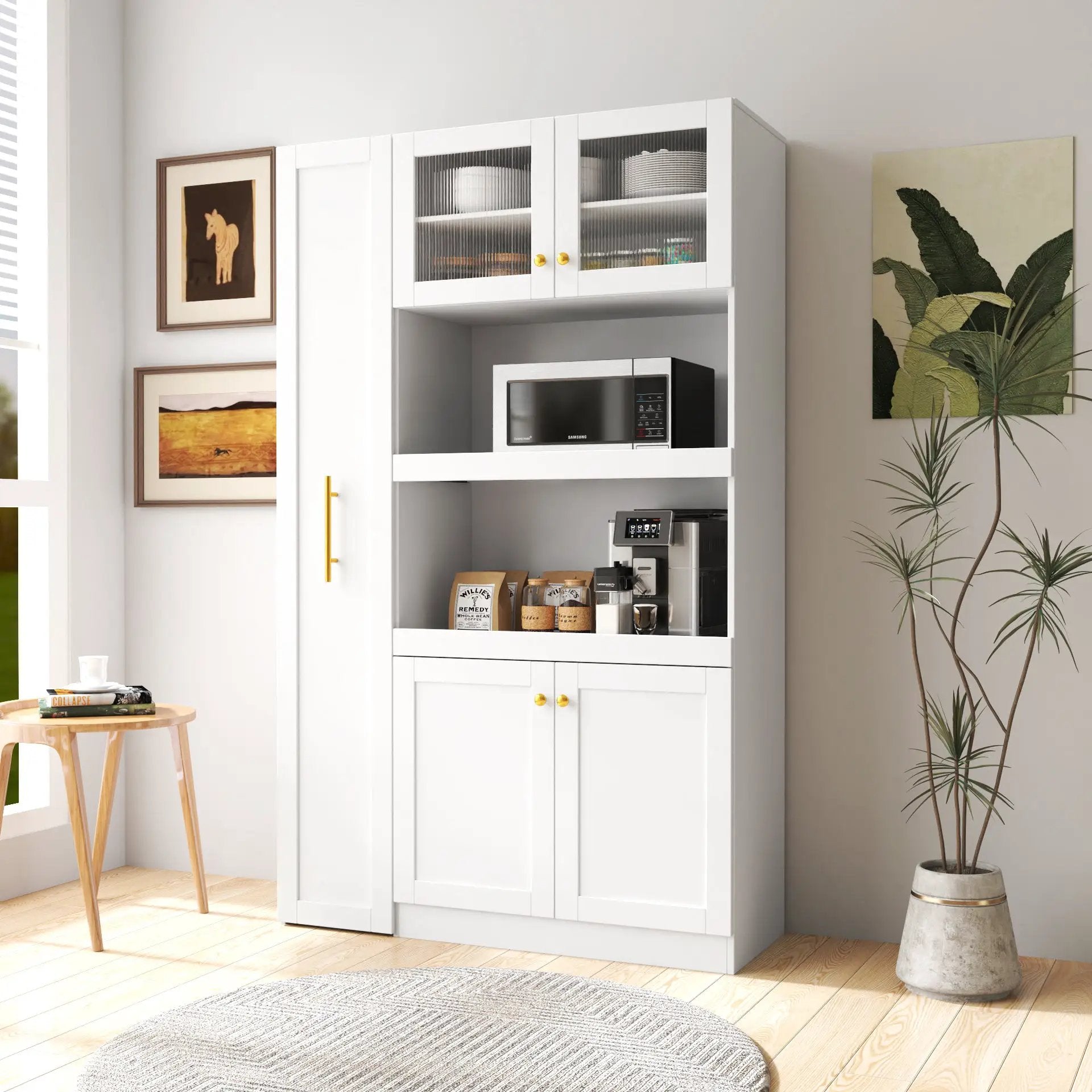 Kitchen Pantry Cabinet With Multi-functional Pull-out Multi-tier Storage Shelf,Farmhouse Storage Cabinet With 4 Doors,Pantry Organizers For Kitchen,Dining Room White by GJG Denim